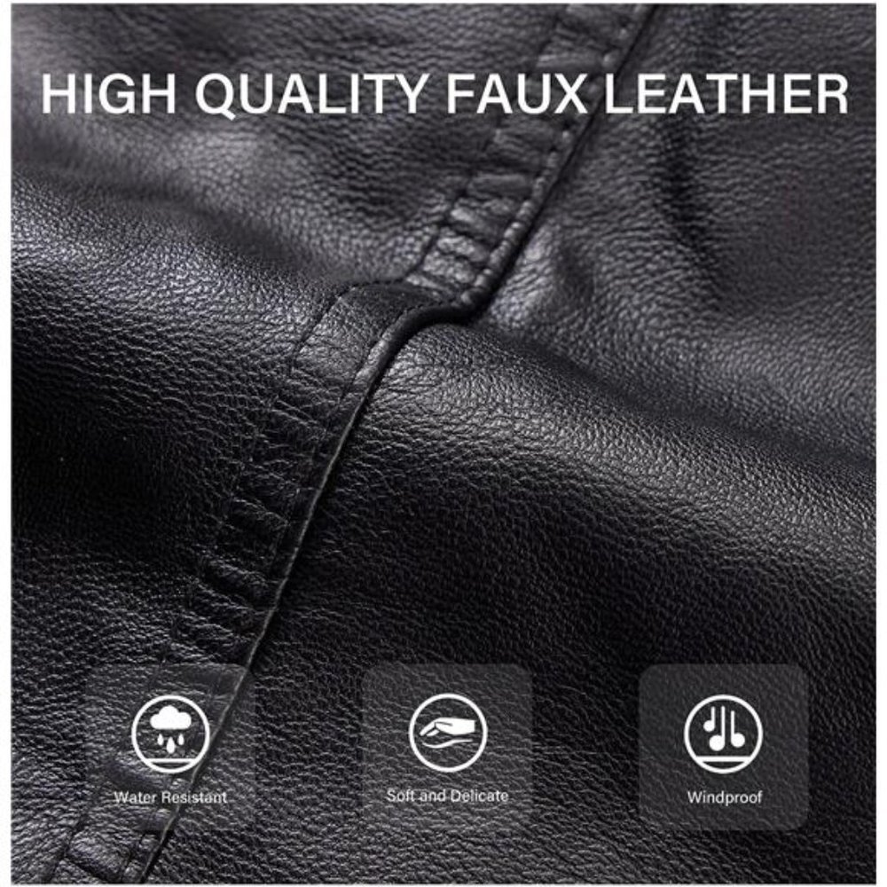 Black Faux Fur Leather Belted Motorcycle Bomber Jacket Sherpa Winter Biker Coat‎ - Picture 9 of 10